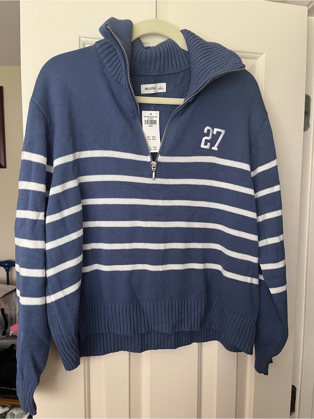 Hollister Blue & White Half-Zip Knit Pullover